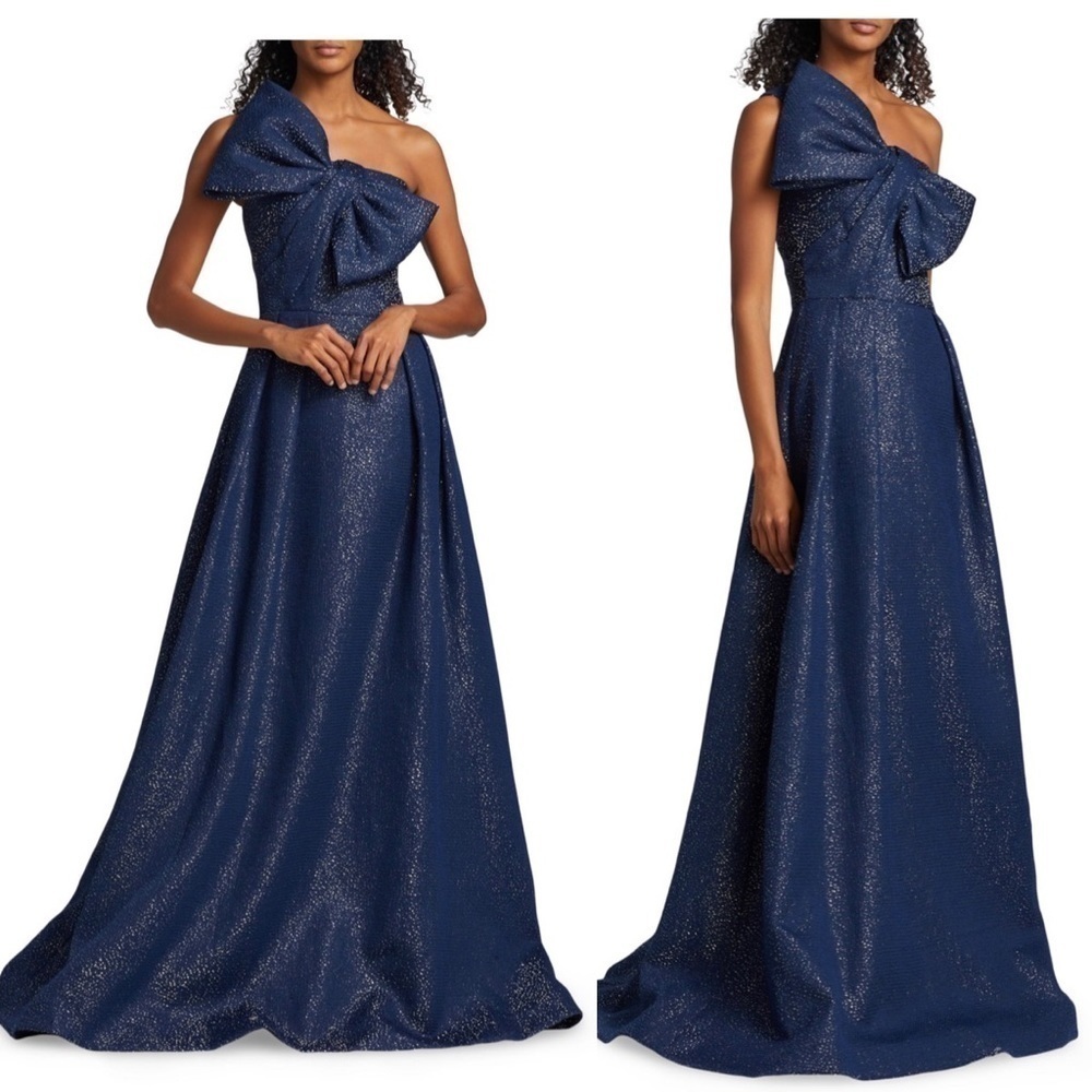 Teri Jon By Rickie Freeman Asymmetric Bow Metallic Sparkle Jacquard Maxi Gown